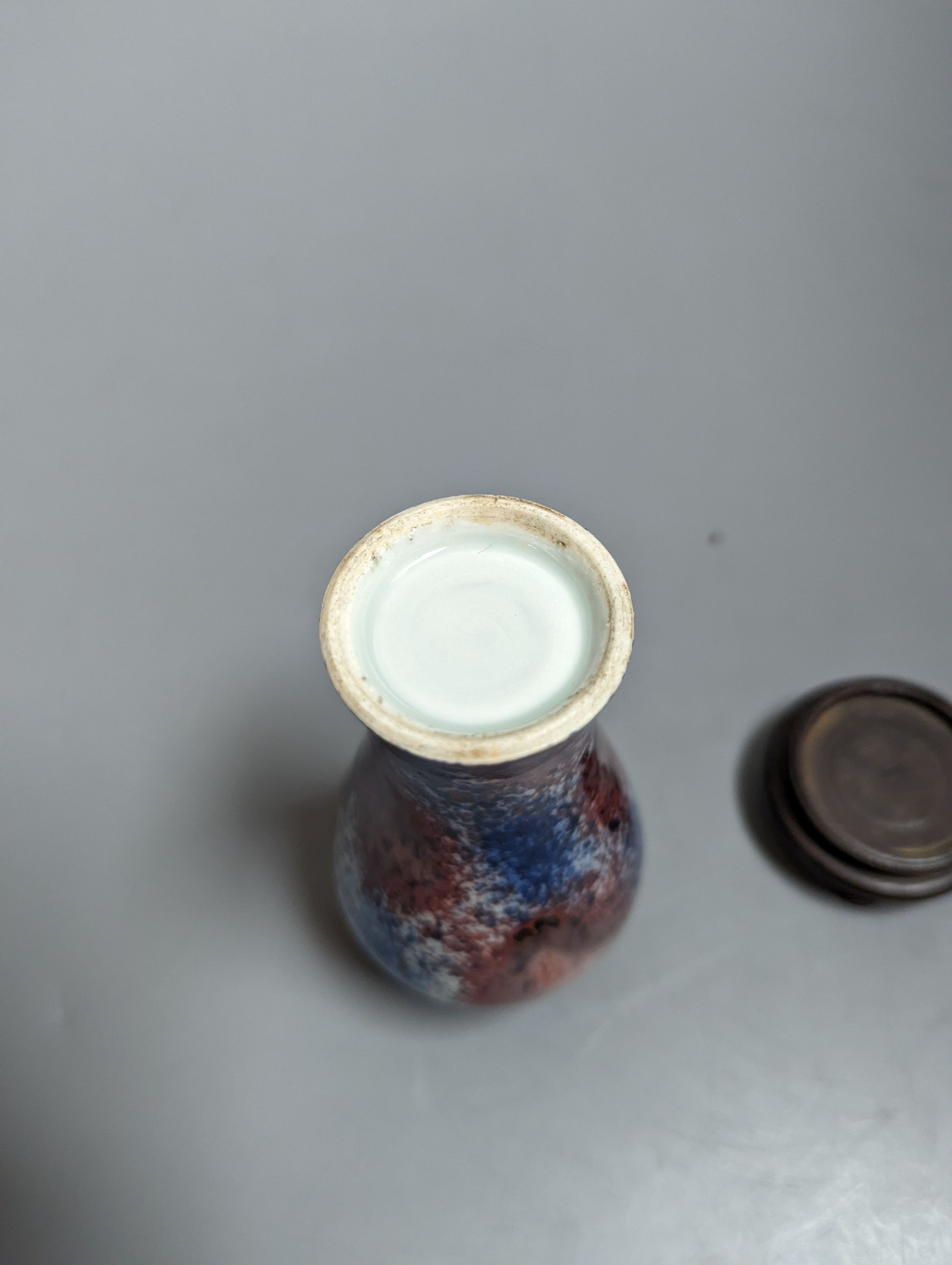 A Chinese powder blue and peach bloom glazed vase on stand 11cm excl stand